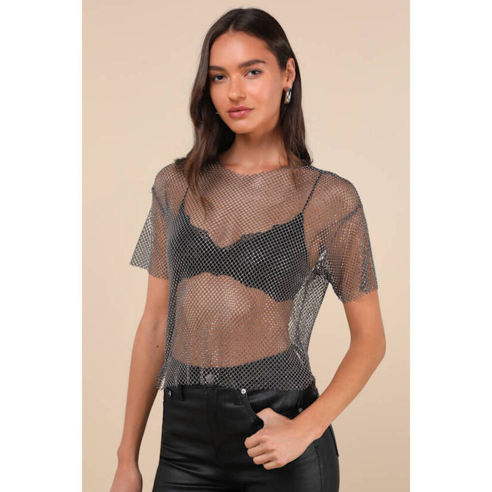 Lulus Glittery Demeanor Dark Grey Sheer Fishnet Rhinestone Top - Size XS